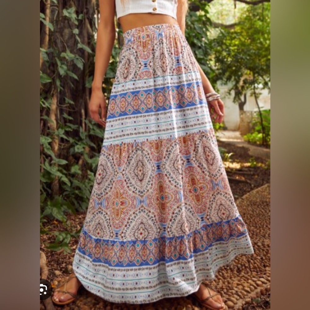 Boho Tiered Maxi Skirt Small Border Print Festival Summer Flowy